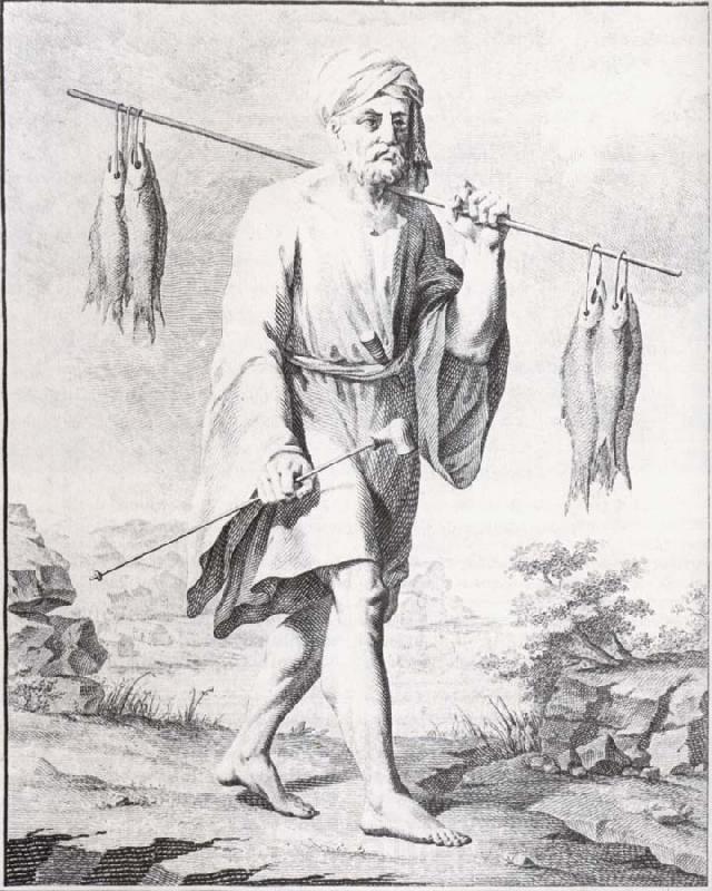 unknow artist baurenfeinds teckning av en fiskare i djedda, atergiven i nibuhrs reisebeschreibung
